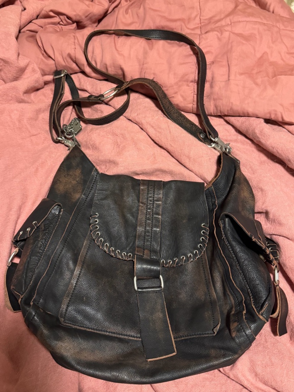 Free People We the Free Aged Graphite Leigh Distressed Leather Tote Bag